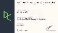 nicole mark's certificate for statistical techniques in tabula